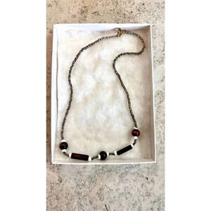 Vintage ﻿Brown Gold Silver Wooden Bar‎ Beaded Necklace
